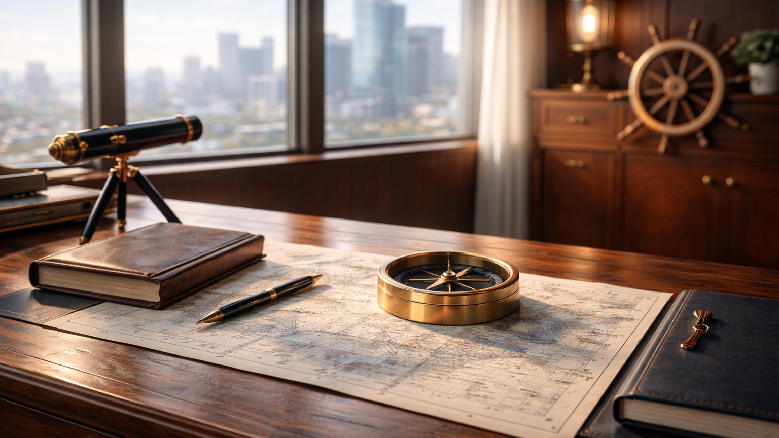 Anchor Admin Services captain's desk, all wood, with compass, pen, log book on it. Window with a view of a city skyline. About Anchor Admin Services.