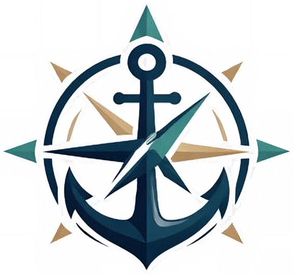 Anchor with compass points and analog clock hands, the symbol of Anchor Admin Services LLC