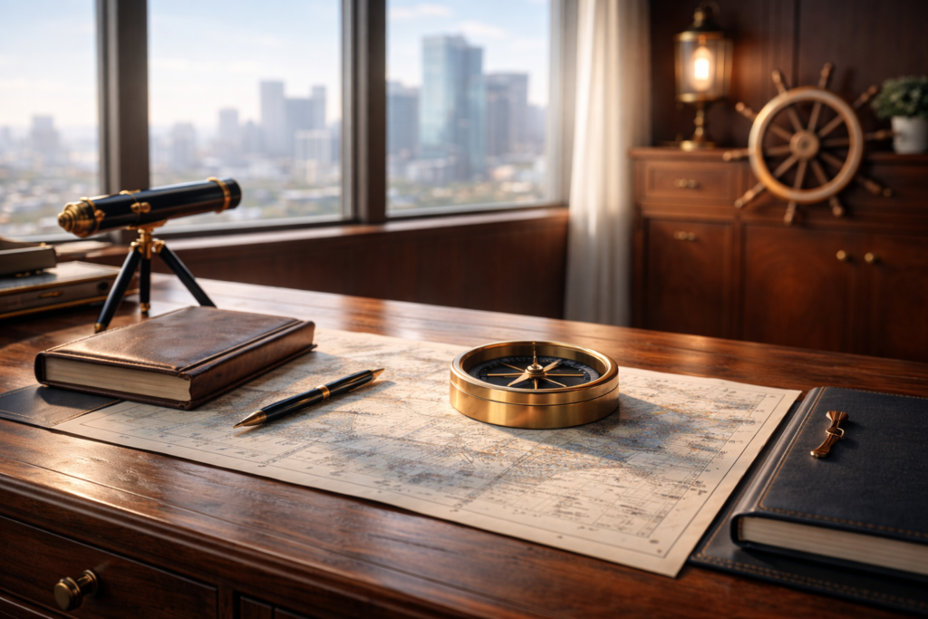 Captain's desk, all wood, with compass, pen, log book on it. Window with a view of a city skyline