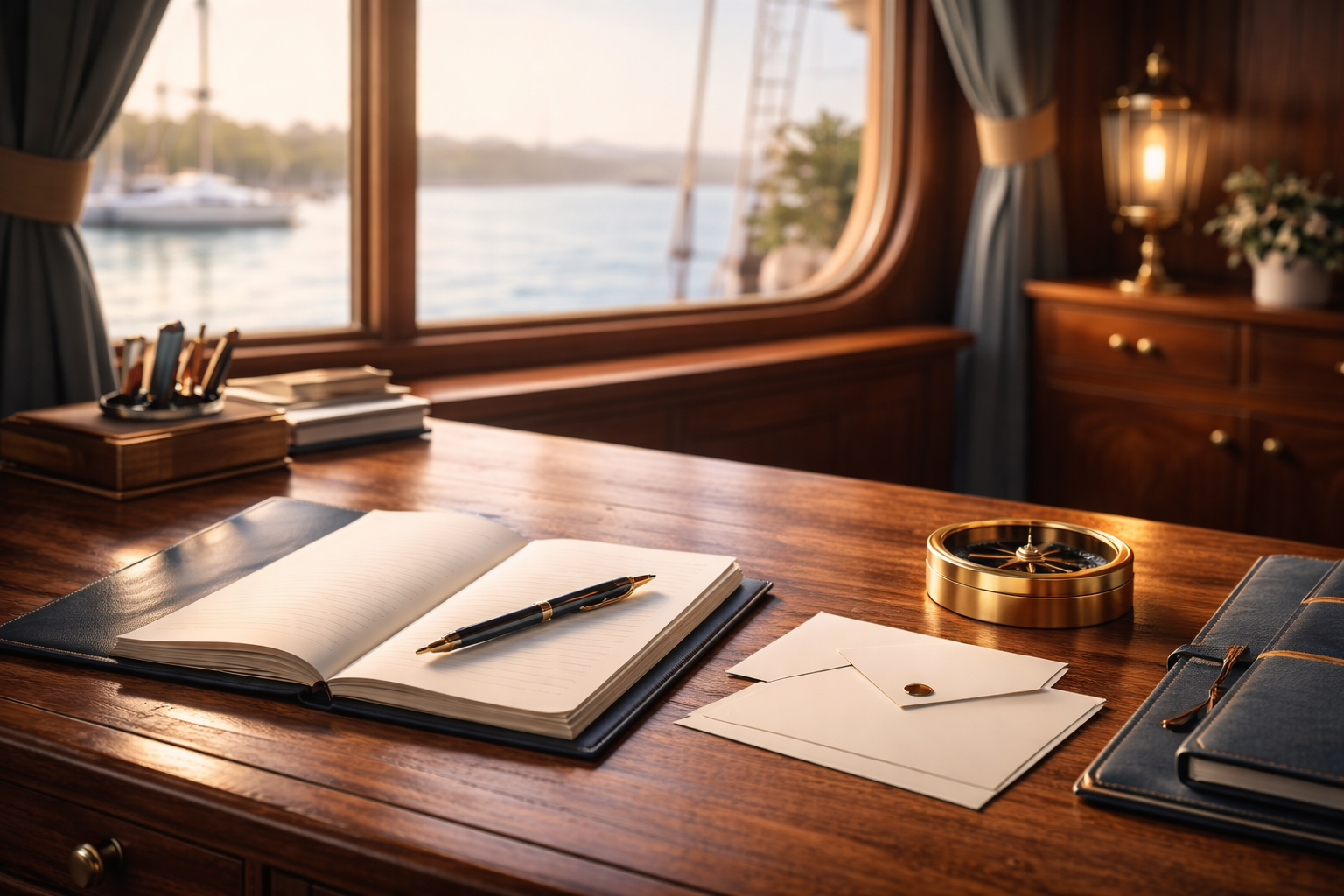 Wooden ship desk with open log book, stationery, and envelopes ready to send mail messages. Ship's compass on desk. Anchor Admin Services LLC.