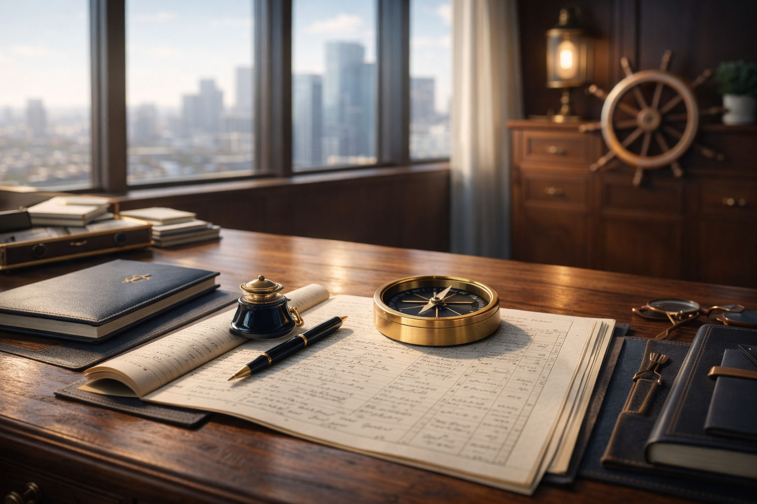 Wooden desk with open financial journal, big ship's compass, inkwell, and a cityscape seen through the window to the side. Anchor Admin Services LLC